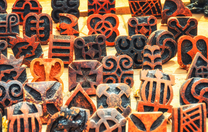 Carved stamps used for Adinkra cloth made by Ashanti people in Ghana
