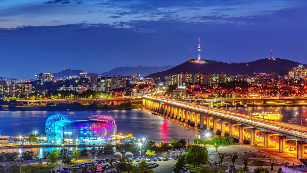Han River at night in Seoul, South Korea